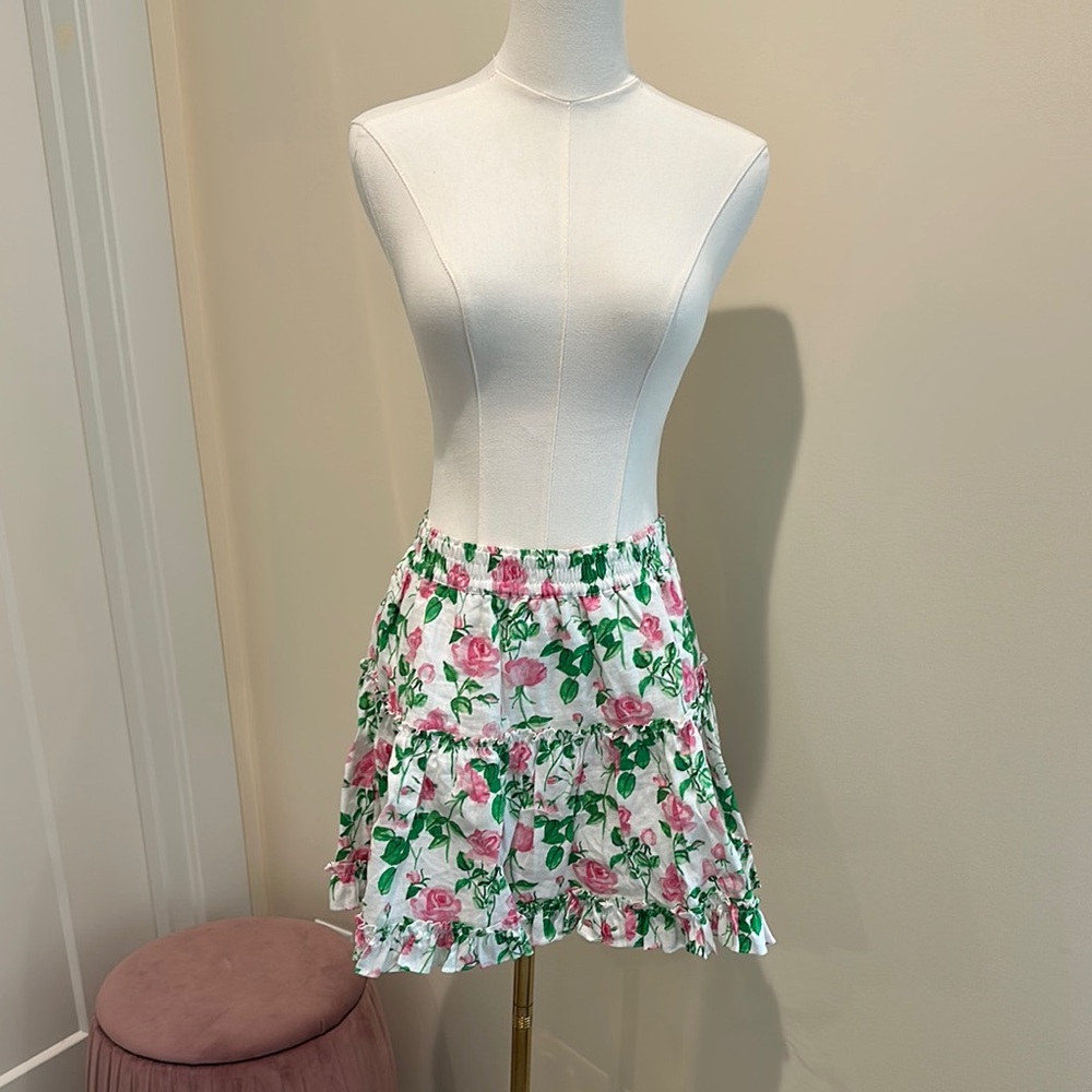 Hill House White and Pink Ruffled Skater Mini Skirt